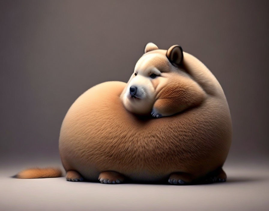 Stylized cartoon dog with large round body and pensive expression