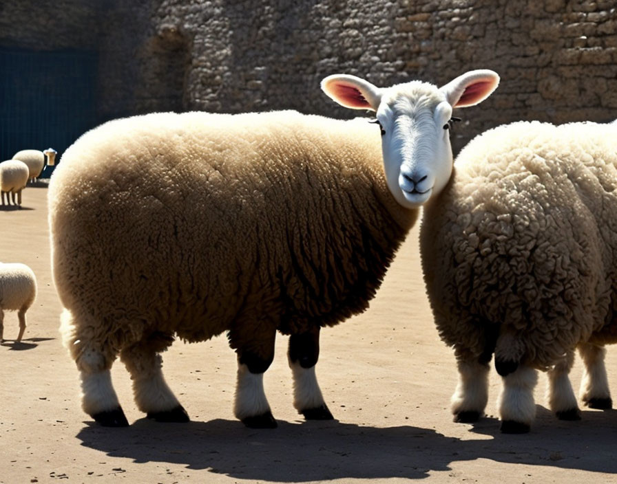 Fluffy wool sheep in outdoor enclosure with sunlight and shadows