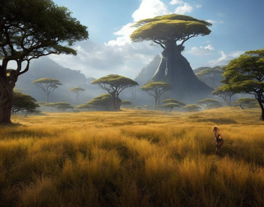 Savanna landscape with acacia trees and baobab tree under hazy sky