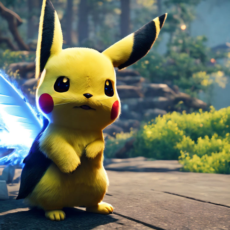 3D-rendered Pikachu in sunlit forest with expressive face