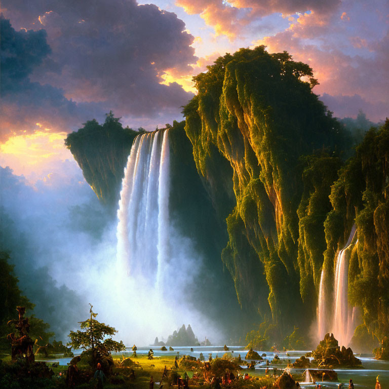 Majestic waterfall flowing into misty pool with people and boats in golden light