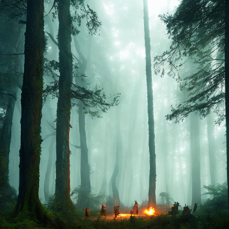Enchanting forest scene with towering trees and group around campfire