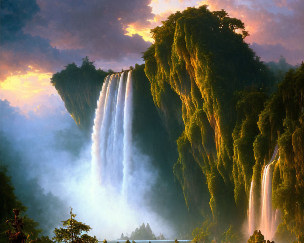 Majestic waterfall flowing into misty pool with people and boats in golden light