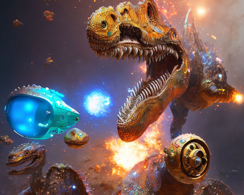 Vivid digital artwork: fierce dragon in cosmic setting