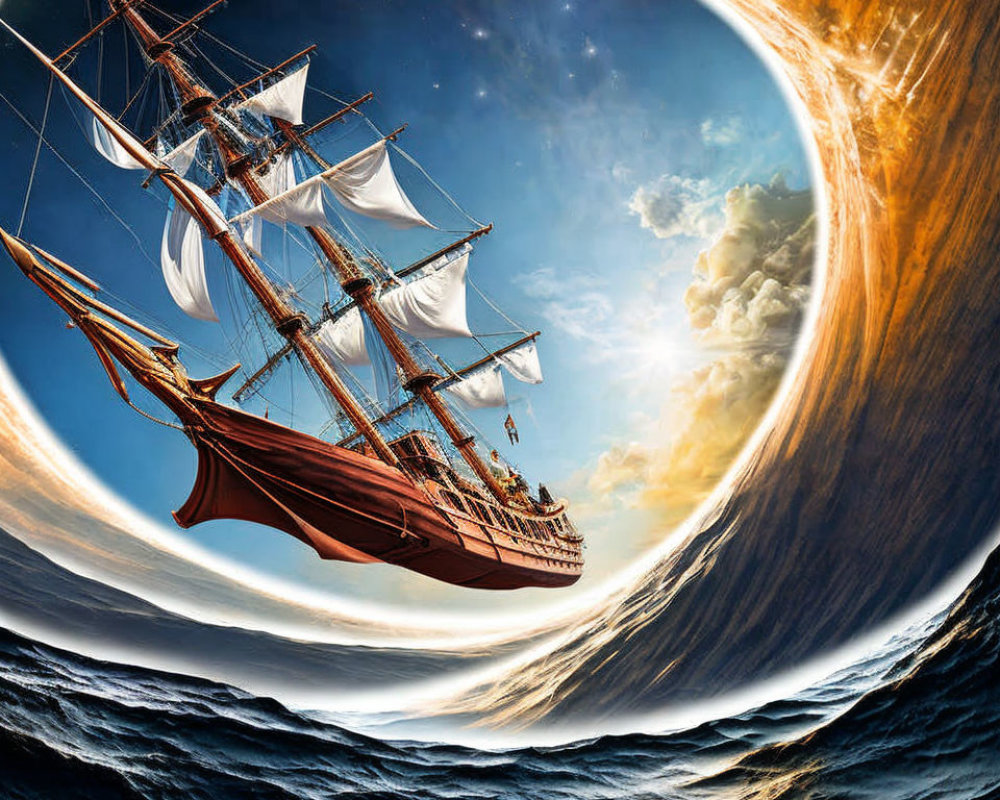 Tall ship sailing near curved oceanic horizon in surreal scene