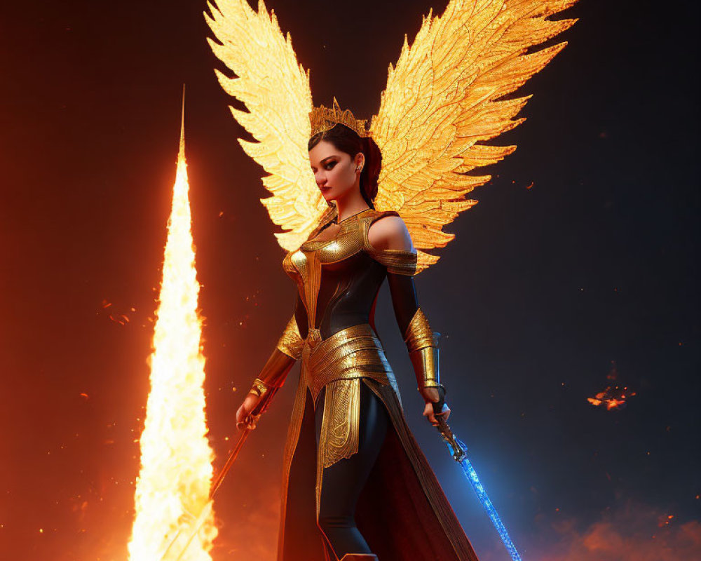 Golden-winged female figure with glowing sword in fiery backdrop