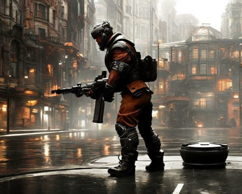 Futuristic soldier in armor on rain-soaked street with rifle in dark cityscape