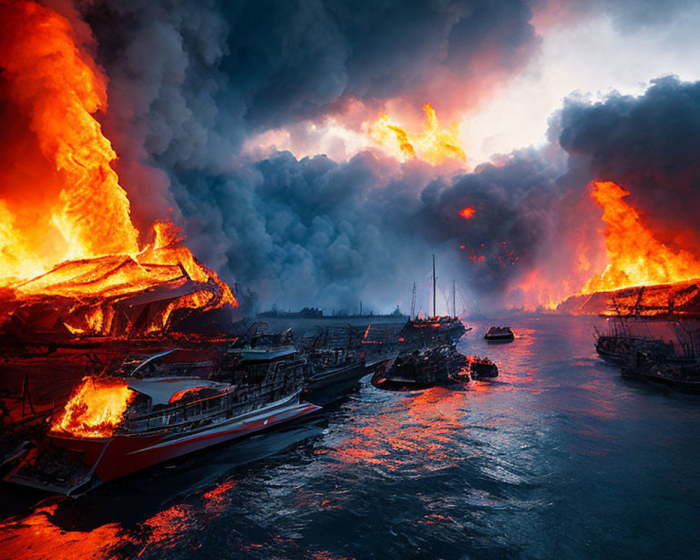 Boats on Fire in River at Dusk with Thick Smoke and Orange Glow