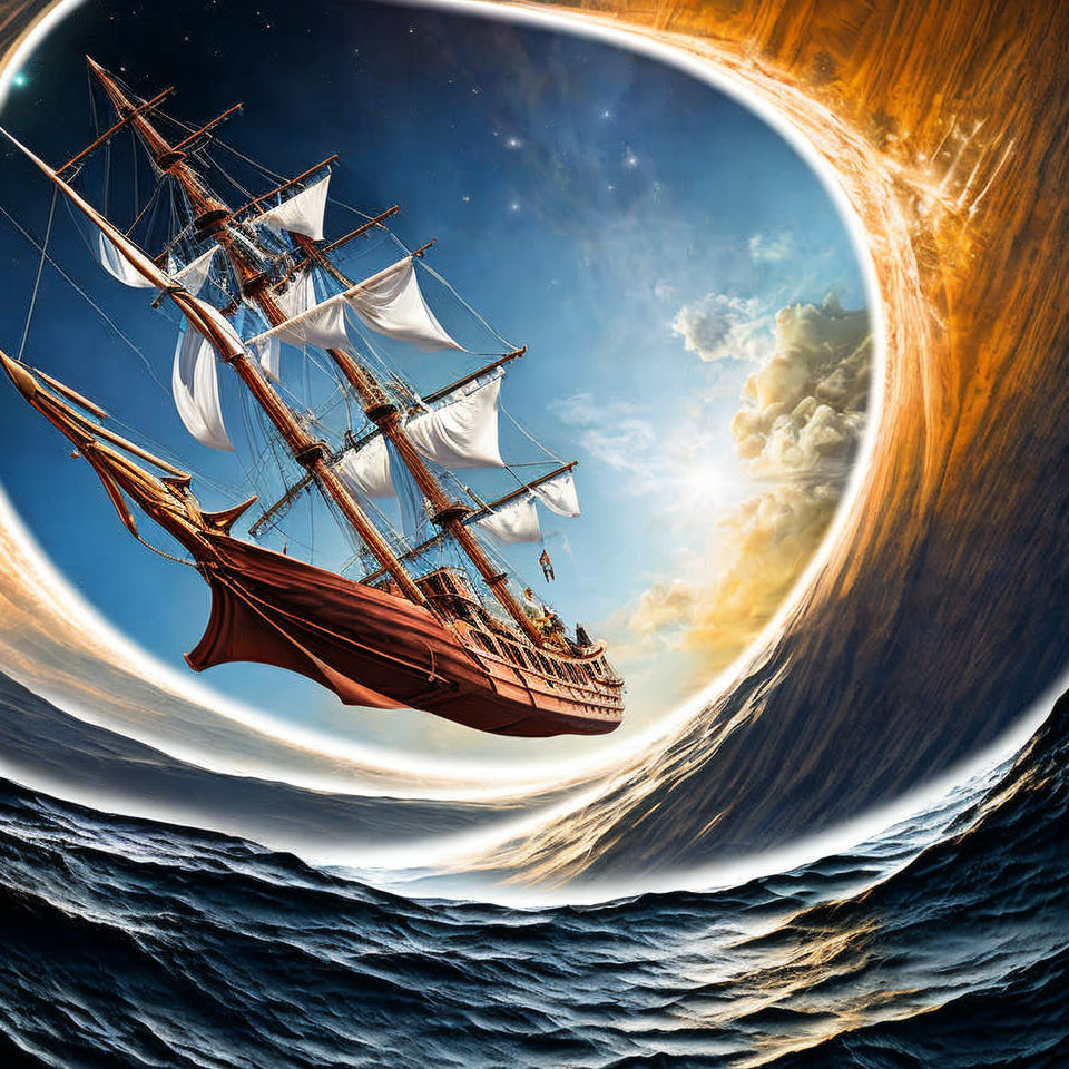 Tall ship sailing near curved oceanic horizon in surreal scene