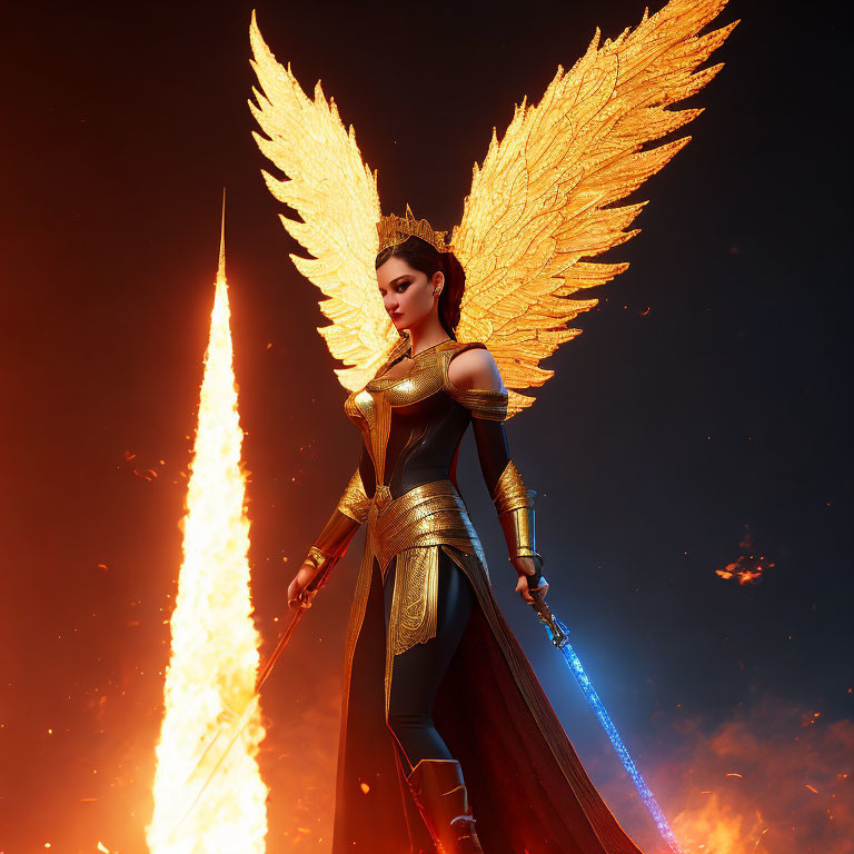 Golden-winged female figure with glowing sword in fiery backdrop