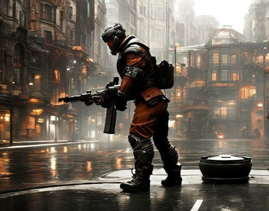 Futuristic soldier in armor on rain-soaked street with rifle in dark cityscape