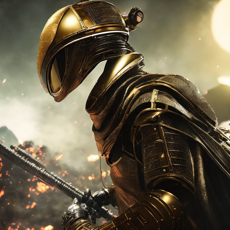 Medieval knight in golden armor with visor up against fiery backdrop