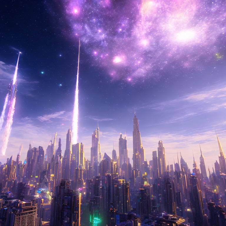 Futuristic night city skyline with skyscrapers, illuminated streets, and purple nebula.