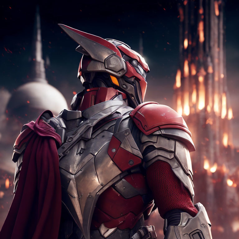 Futuristic knight in red and silver armor with fiery explosion and towering structure.