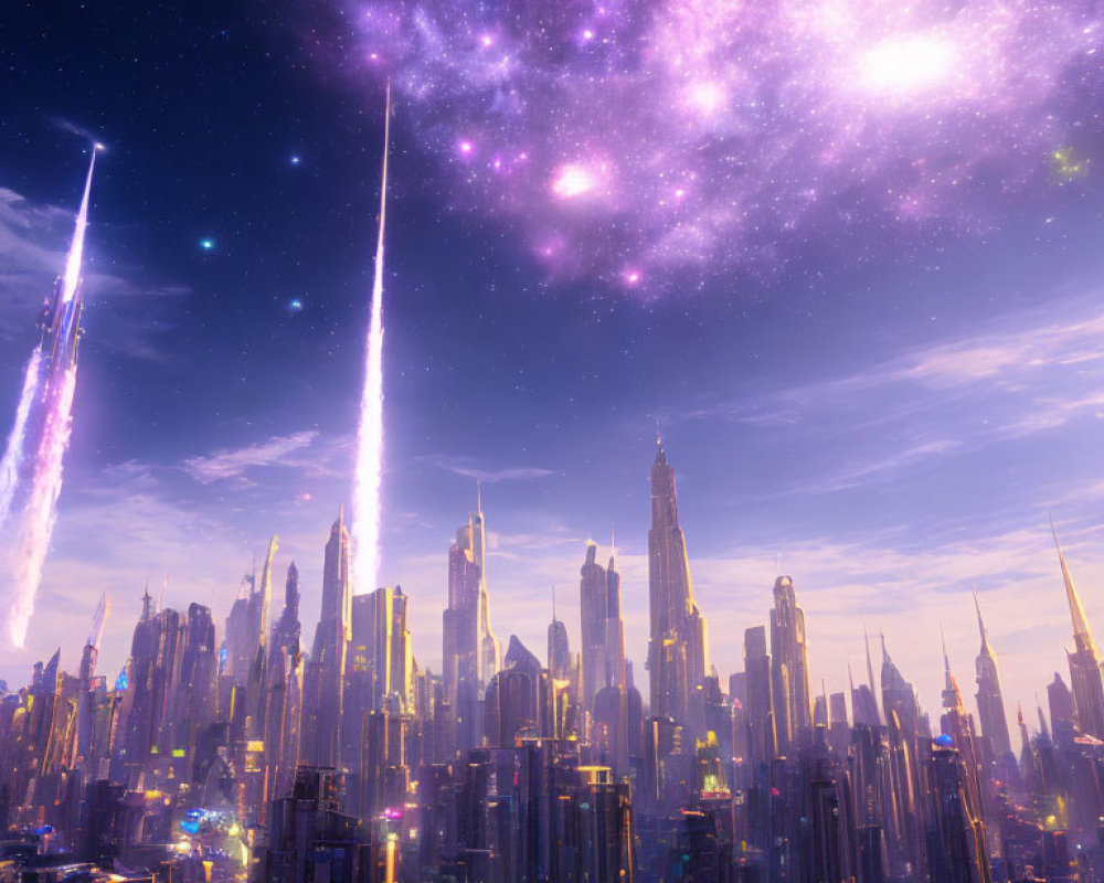 Futuristic night city skyline with skyscrapers, illuminated streets, and purple nebula.