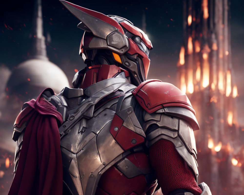 Futuristic knight in red and silver armor with fiery explosion and towering structure.