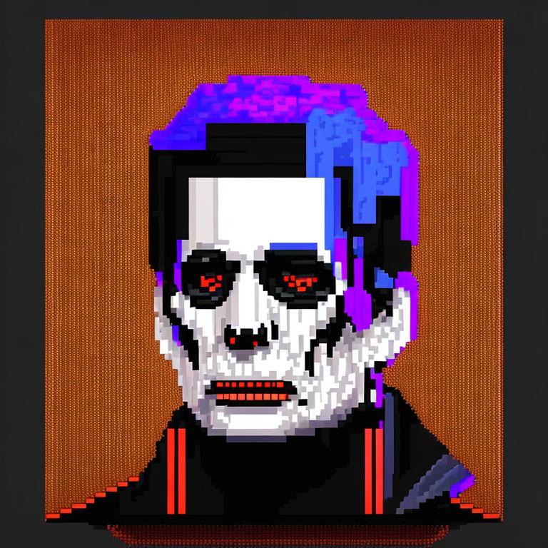 Stylized pixel art portrait with white face paint and red eyes