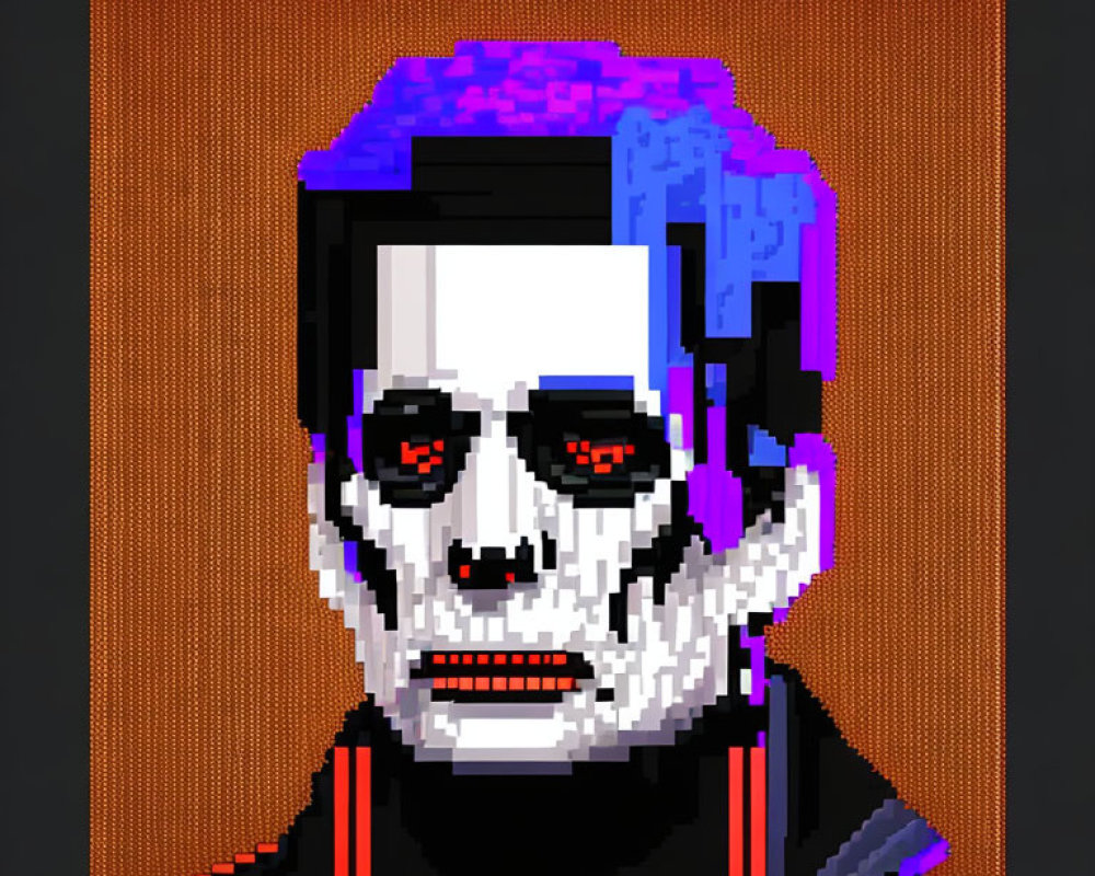 Stylized pixel art portrait with white face paint and red eyes