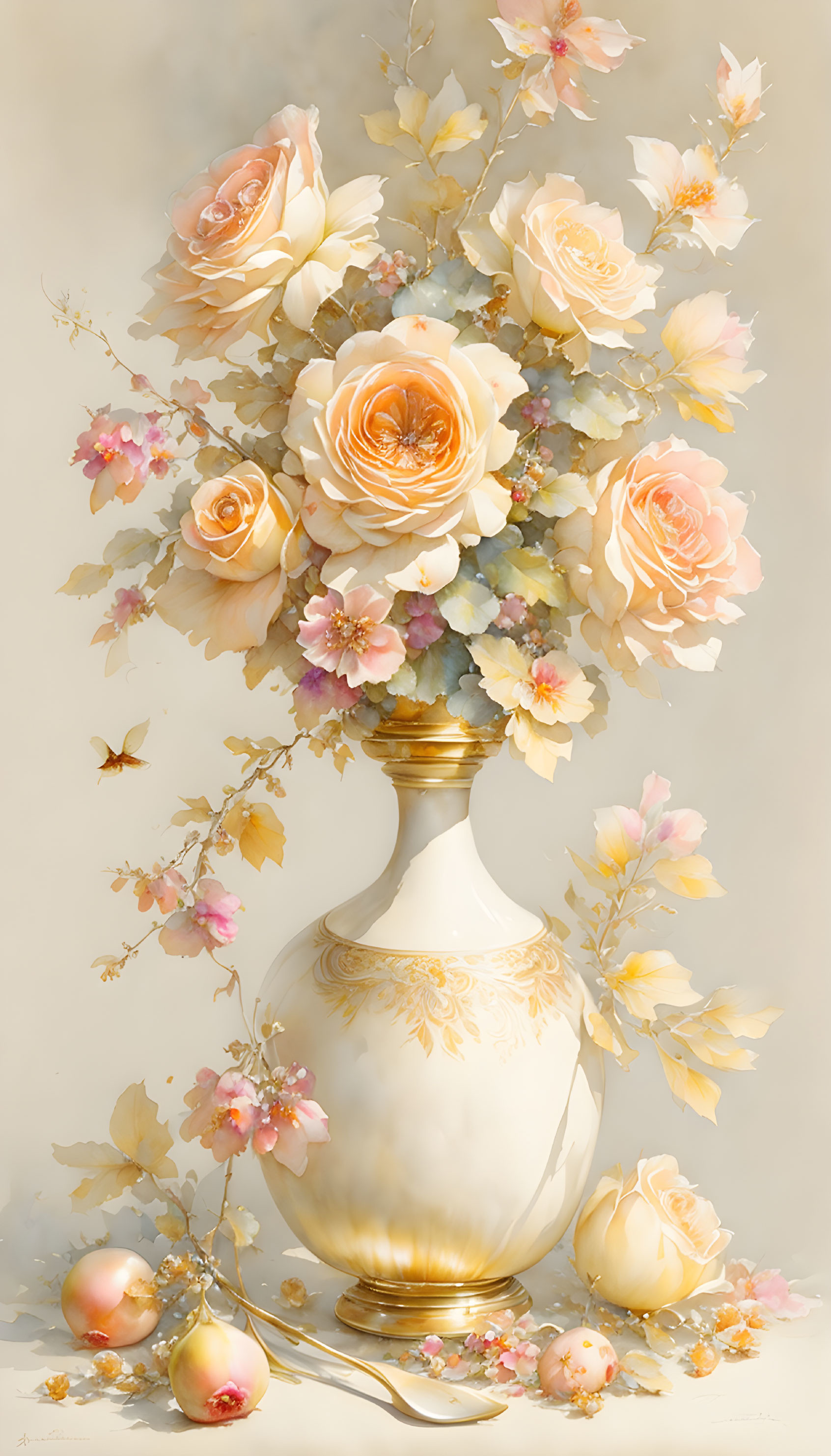 Peach-Colored Roses Still Life Painting in White Vase