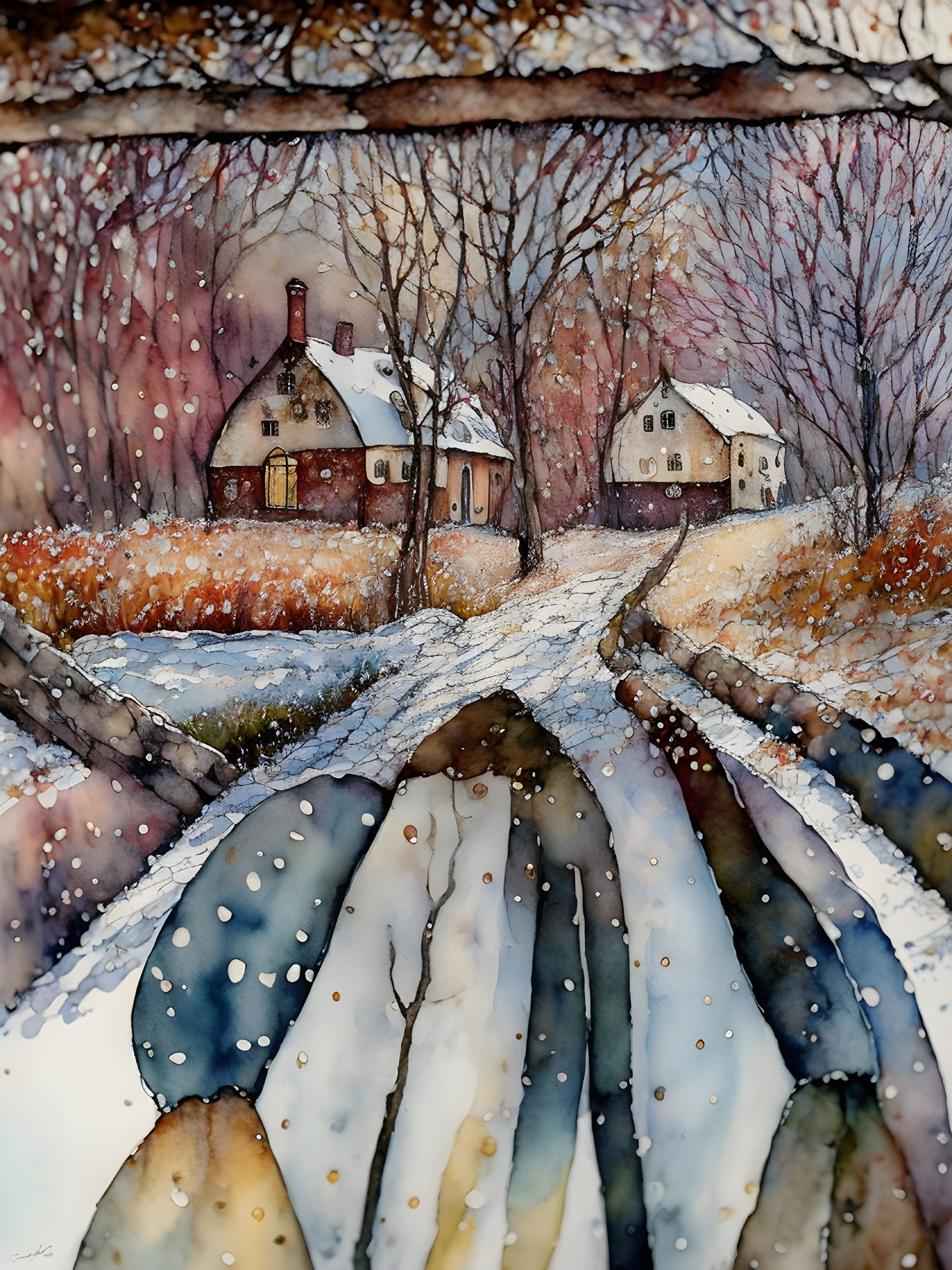 Snowy Path Leading to Cozy Houses in Watercolor