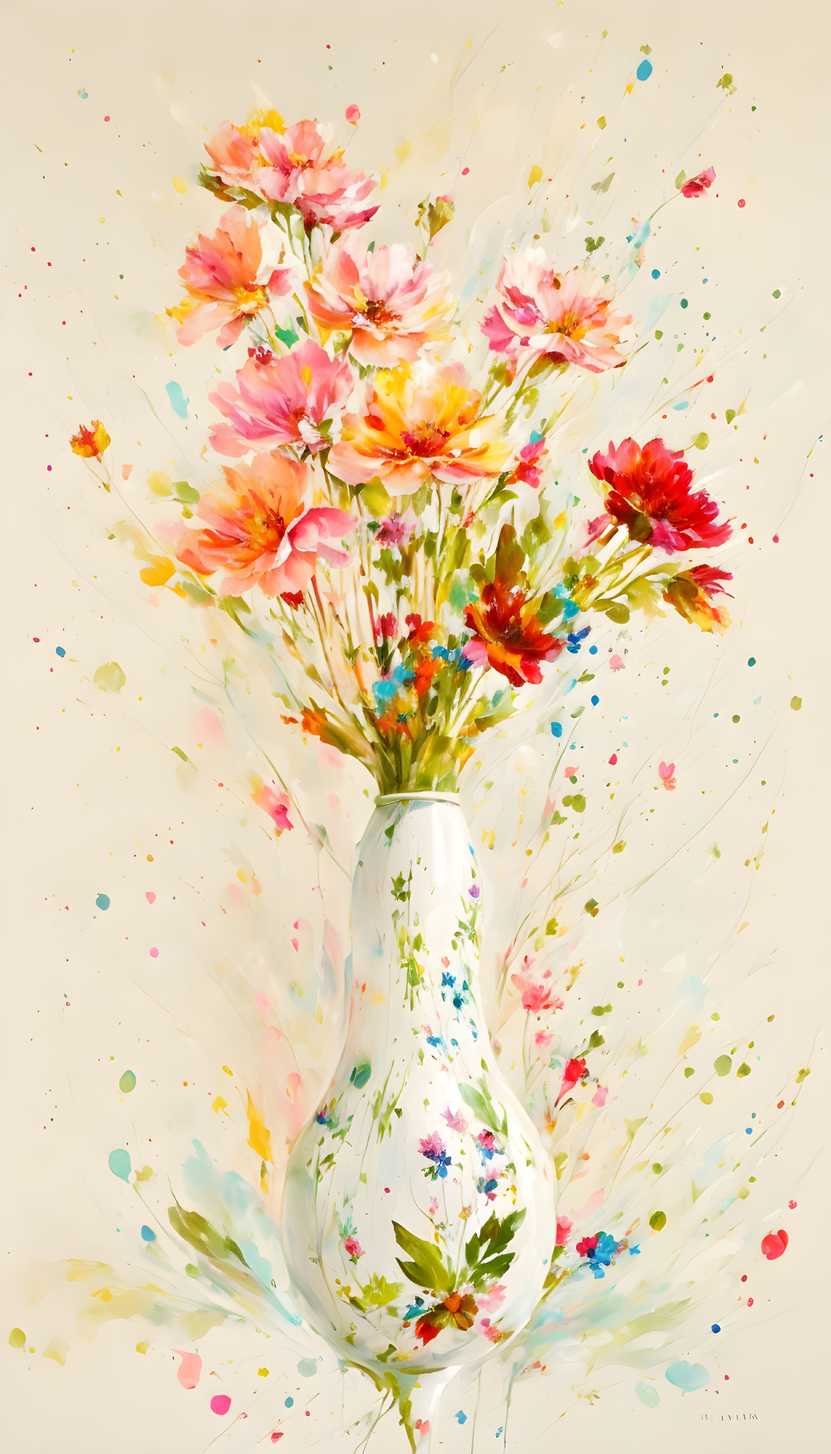 Colorful Flower Bouquet Painting in White Vase with Lively Splashes