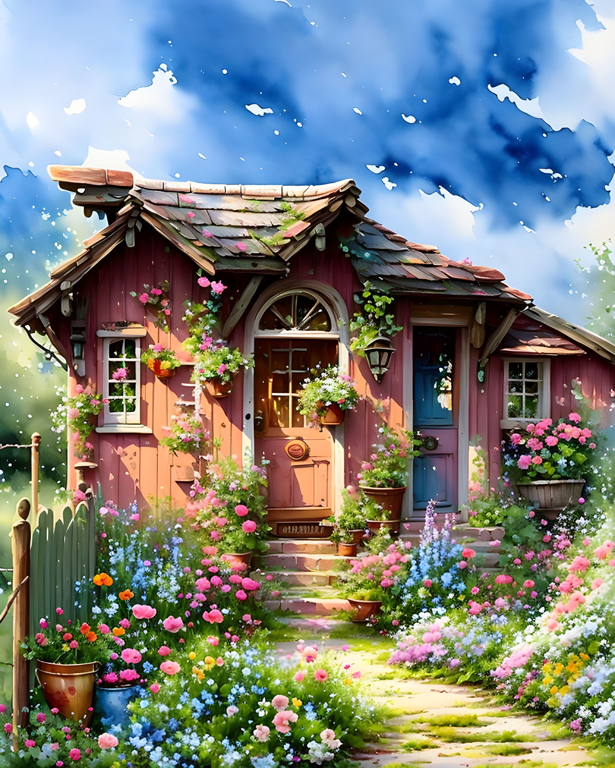 Charming wooden cottage with climbing flowers in a vibrant garden