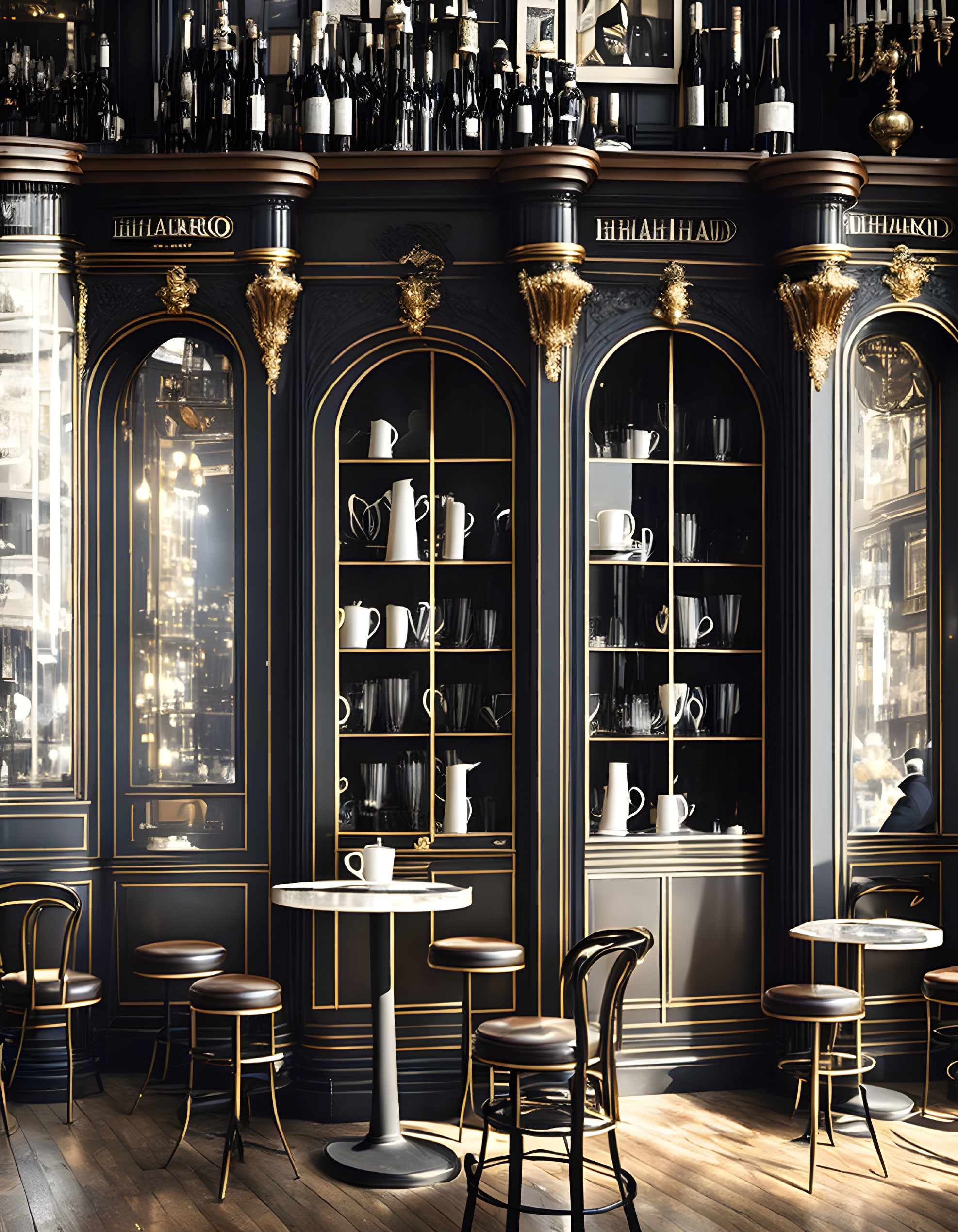 Sophisticated Cafe Interior with Dark Wood Paneling and Gold Accents