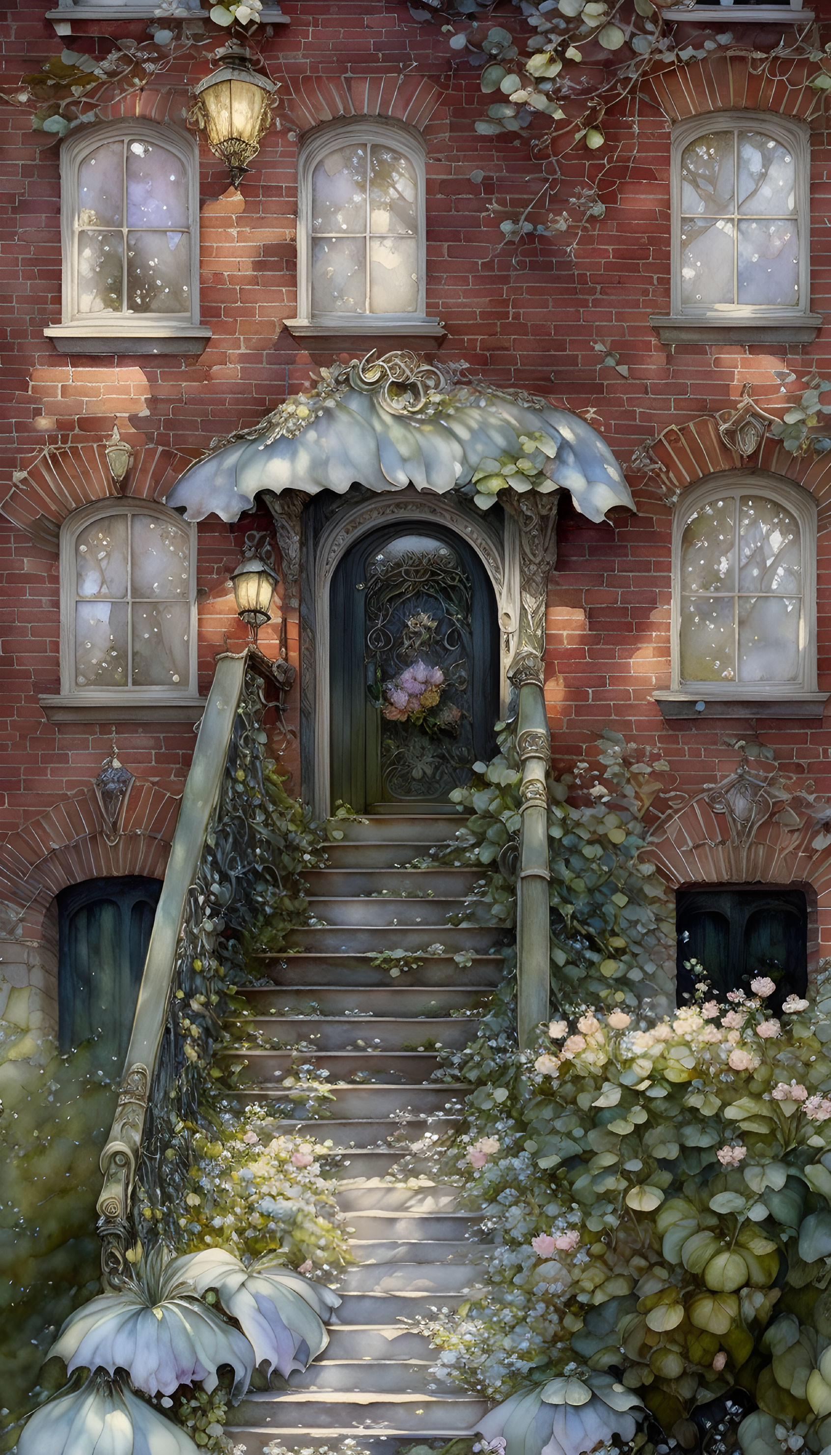 Illustration of Brick House Entryway with Ivy, Pumpkins, and Lantern