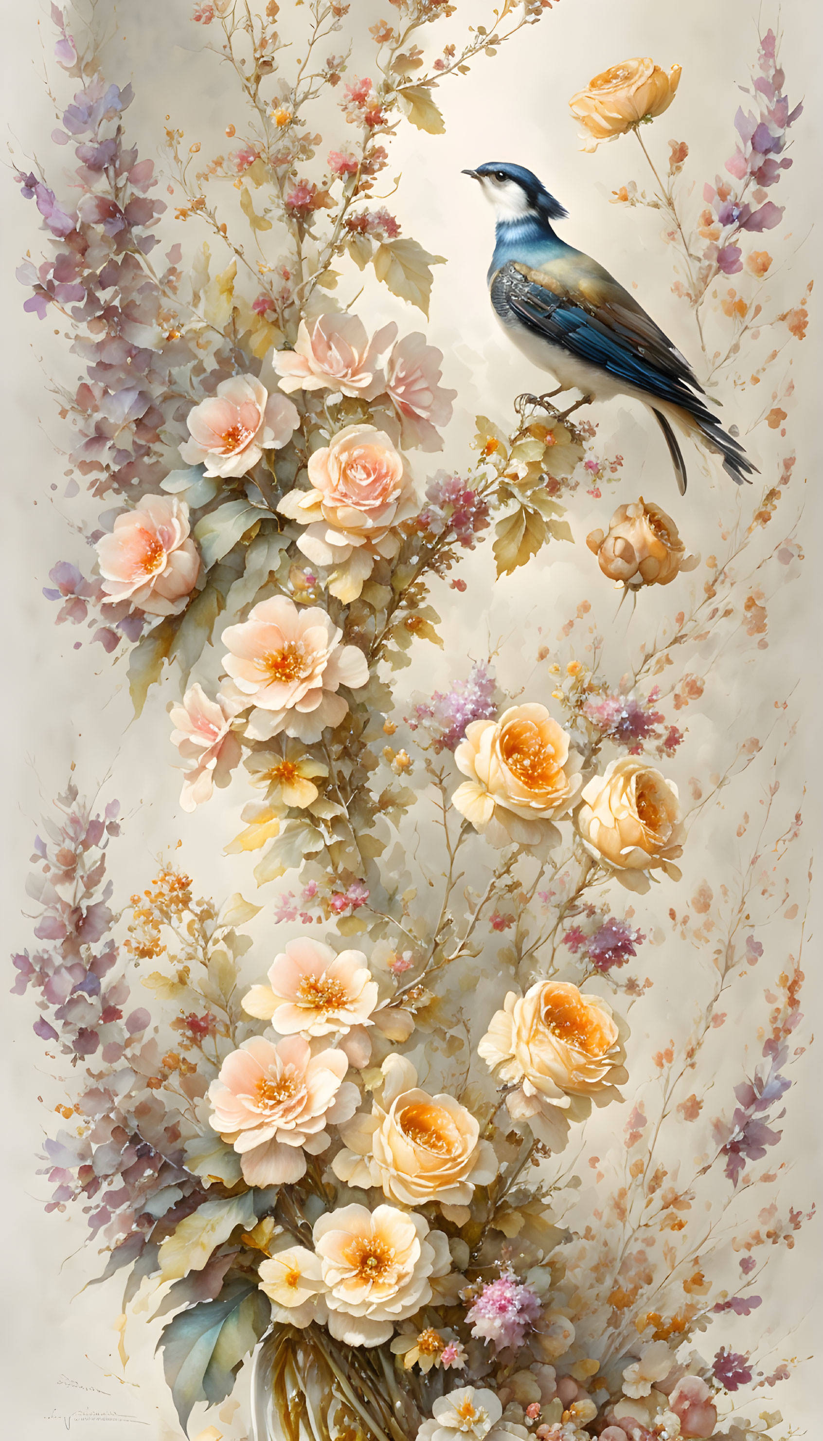 Colorful artwork of bird on branch with pink and peach roses