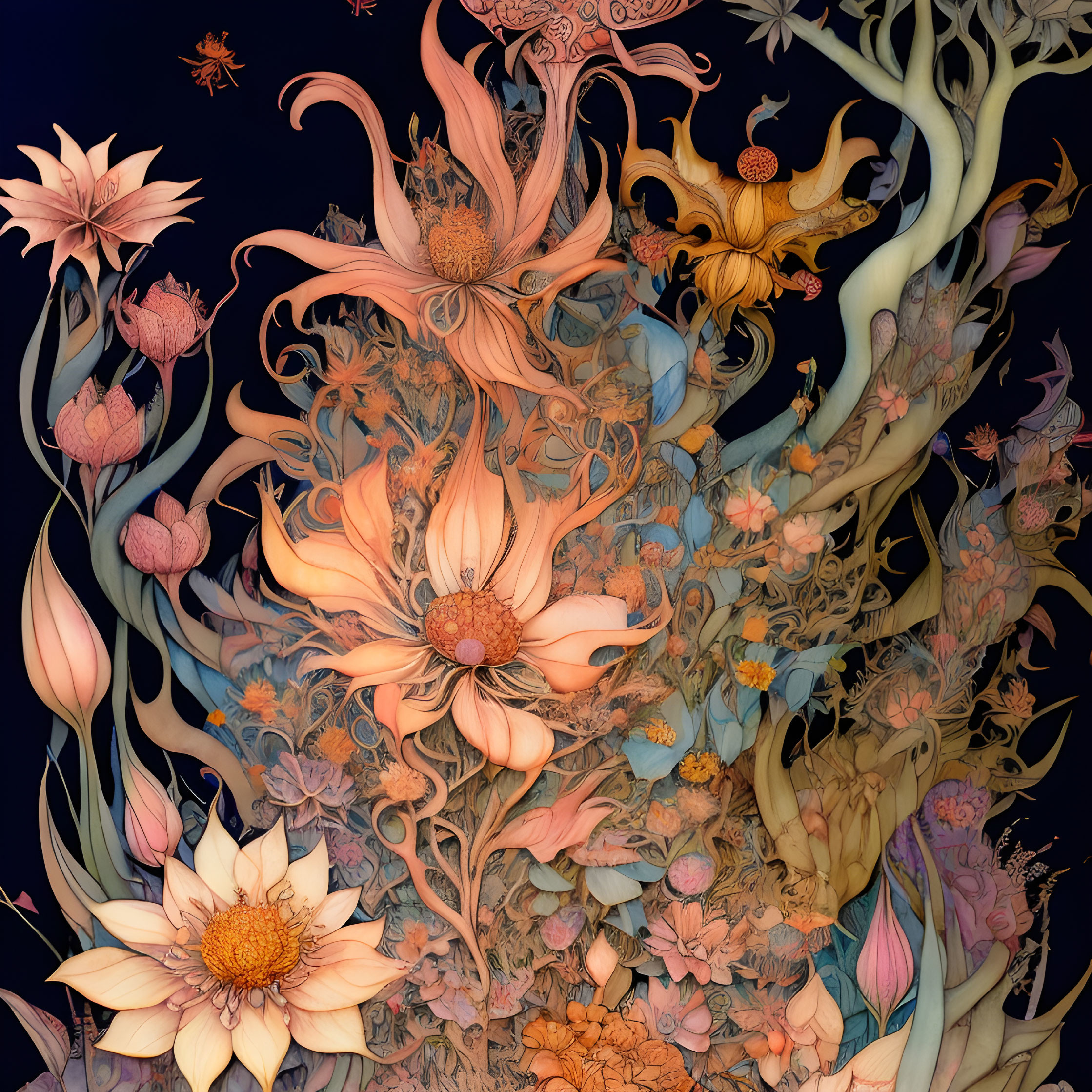 Detailed whimsical flora illustration in warm hues against night sky