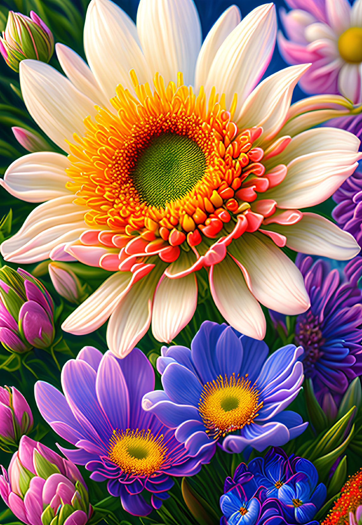 Colorful bouquet with white and yellow daisy, pink, blue, and purple flowers.