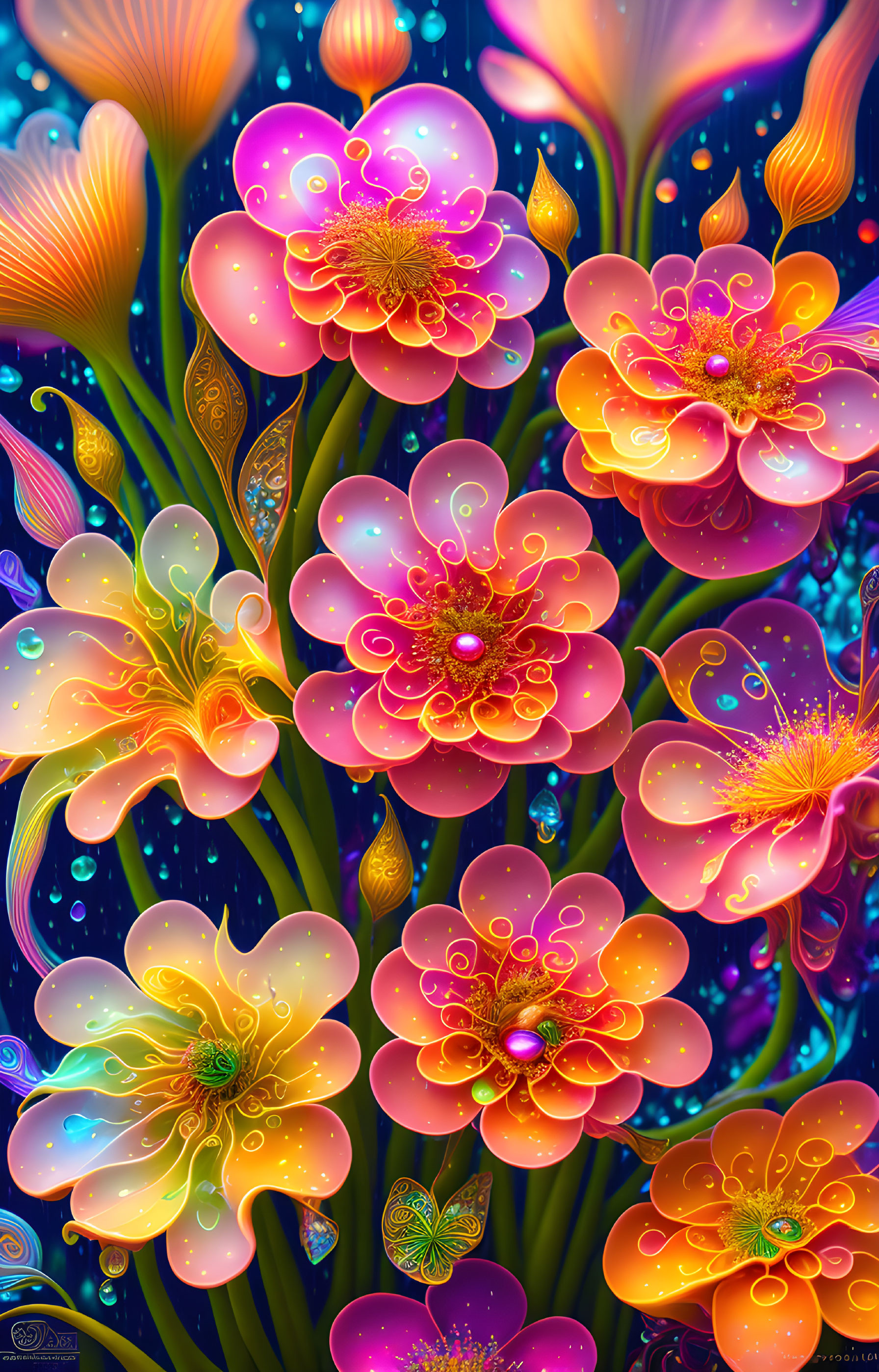 Neon-Colored Flowers Digital Art on Dark Blue Background