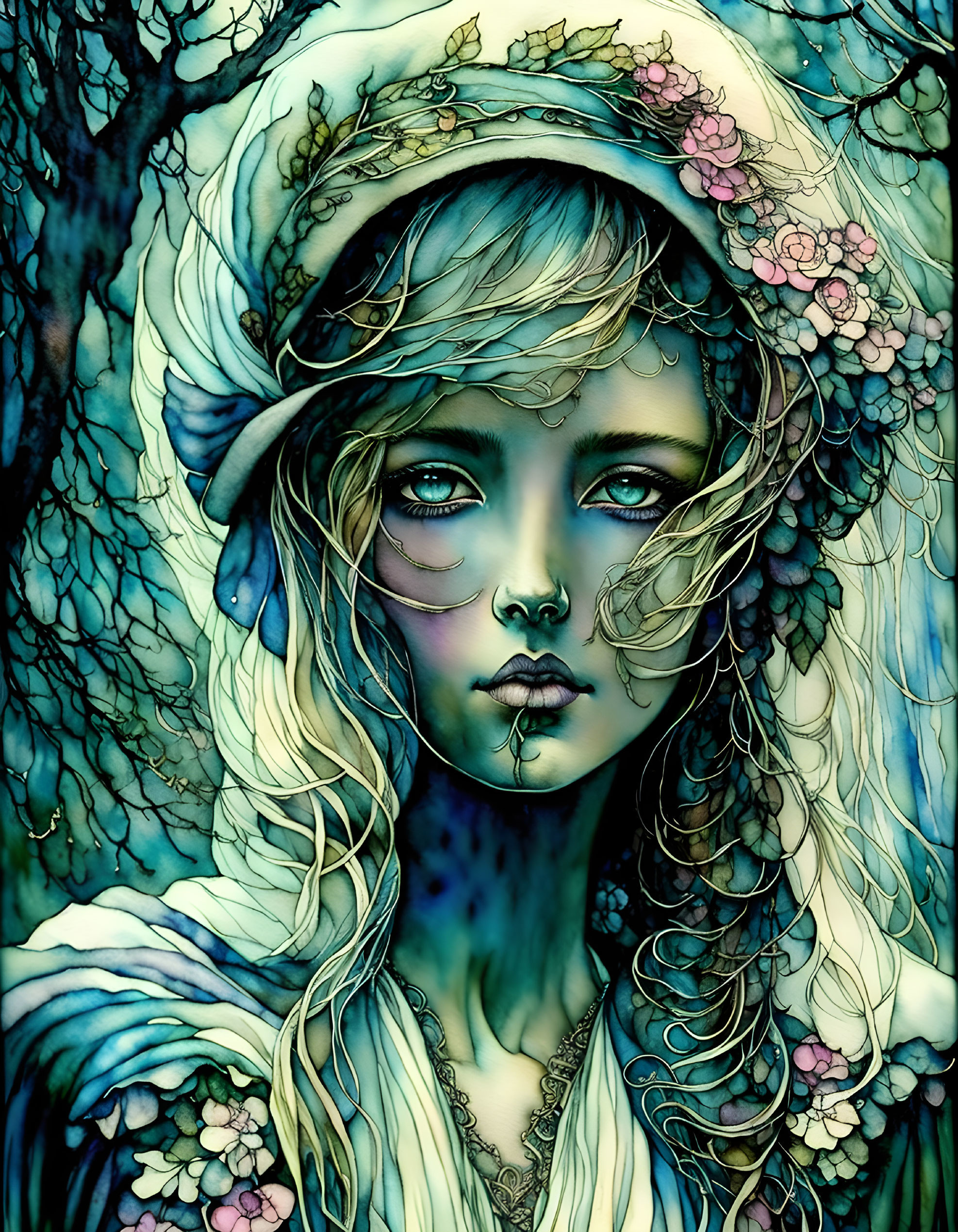 Illustration of woman with blue skin, floral hair, and ethereal features