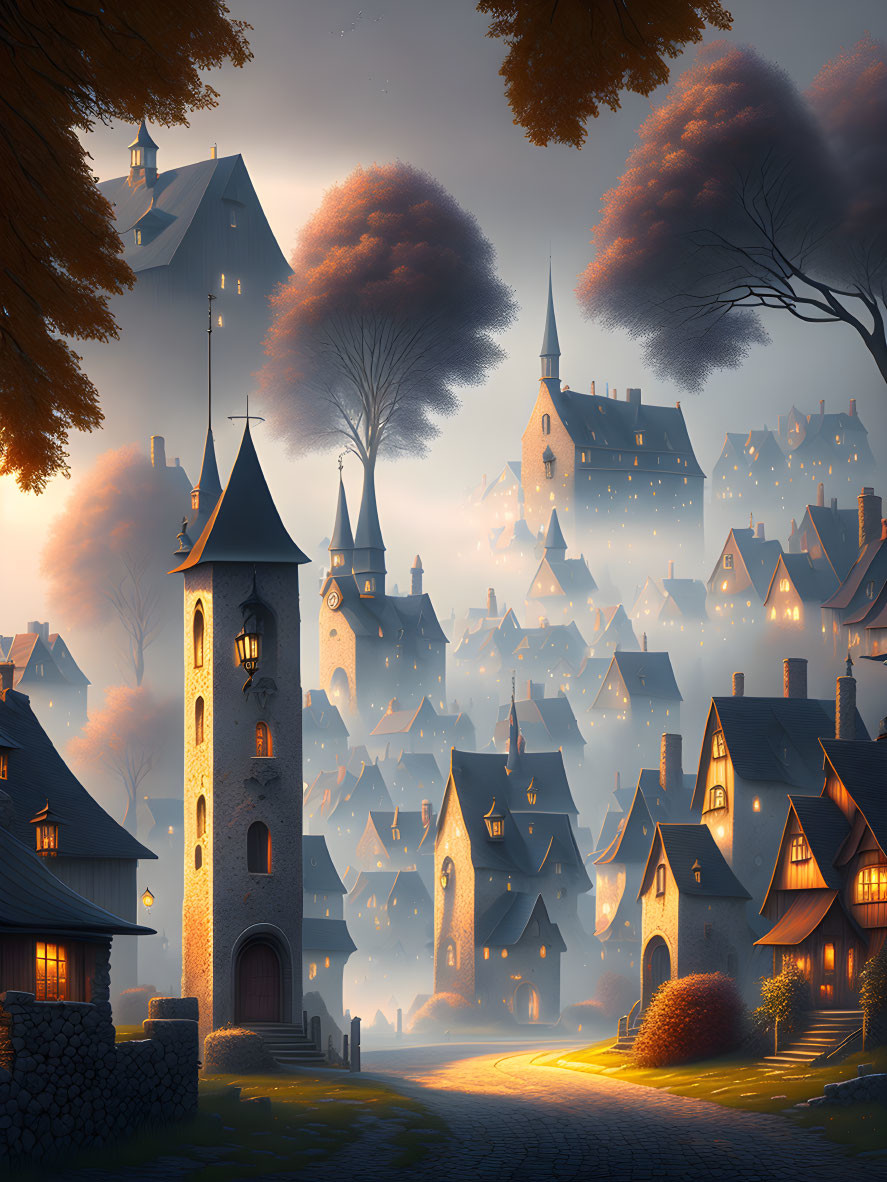 Enchanting twilight scene of magical village with glowing windows