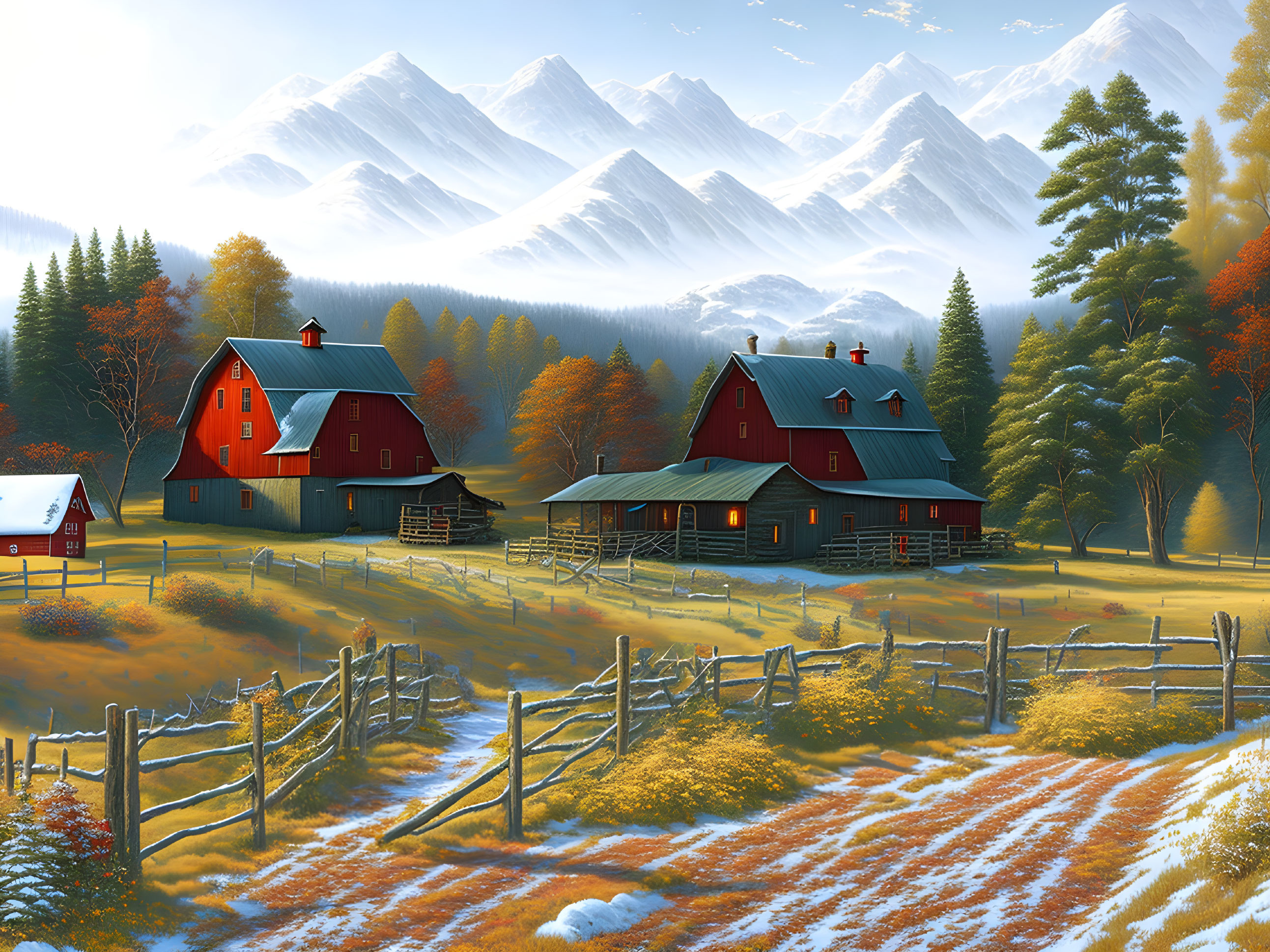 Tranquil autumn scene with red farmhouses, golden trees, and snow-capped mountains