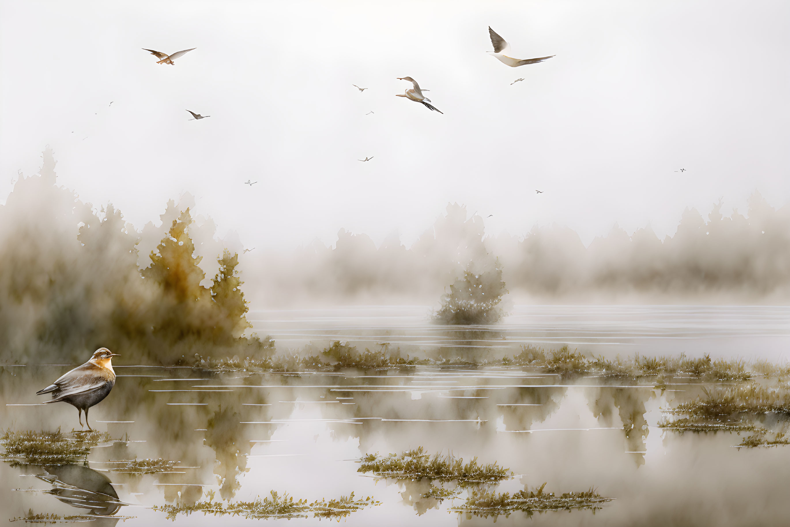 Tranquil bird by water with flying birds in foggy landscape