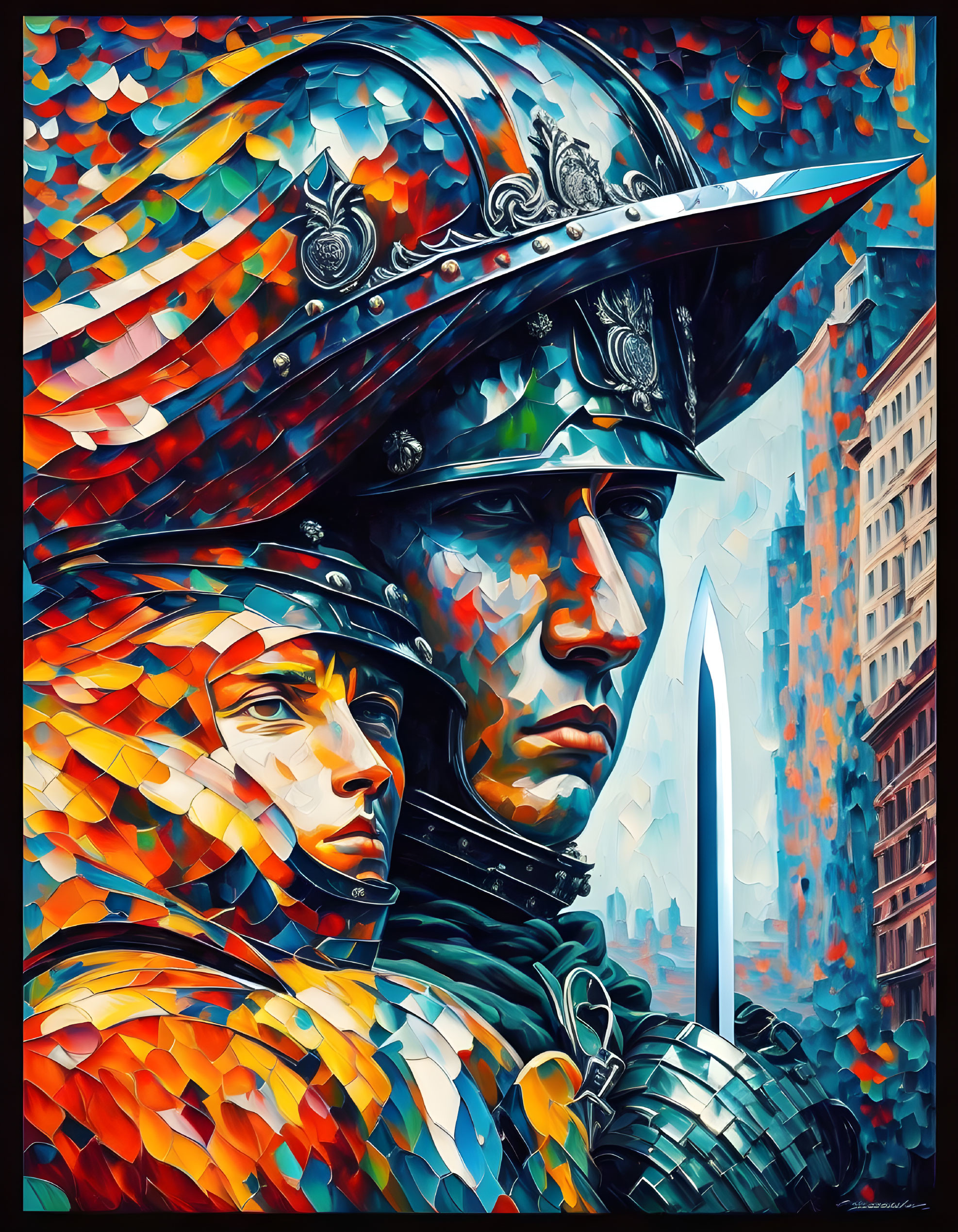 Colorful modern art: stylized soldiers in armor against cityscape.