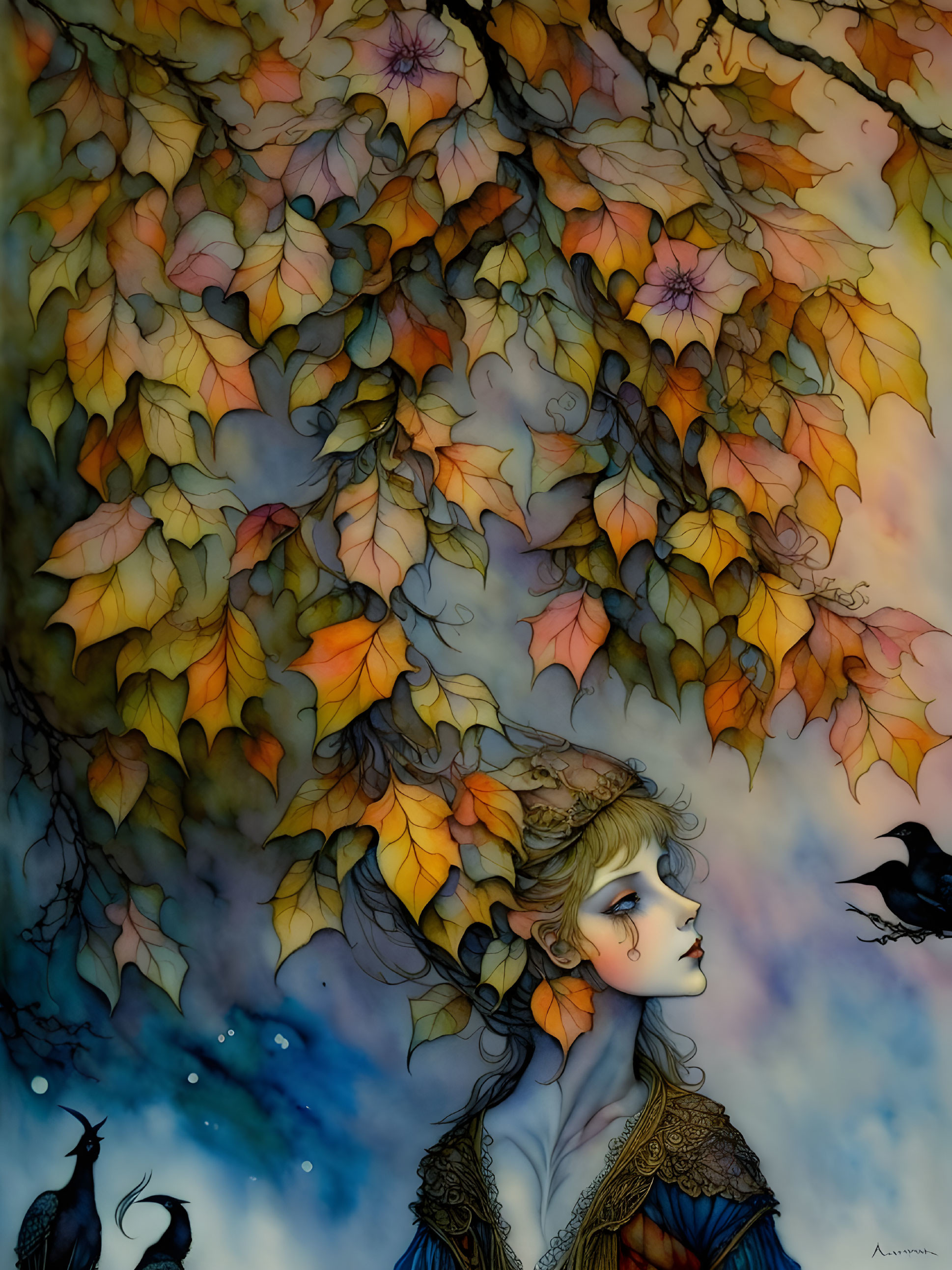 Person with Autumn Leaves Hair and Ravens in Dreamy Setting