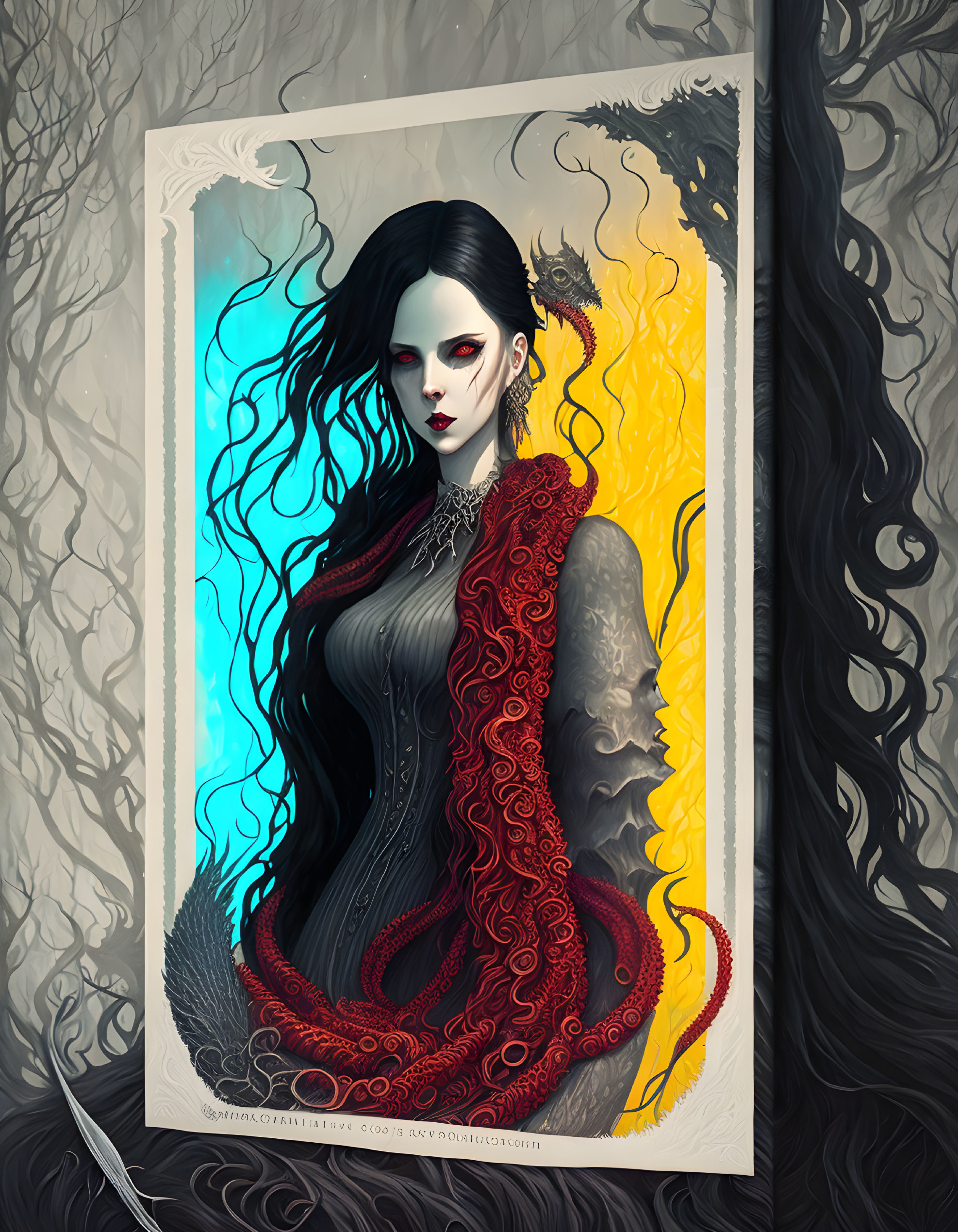 Fantasy woman with pale skin and glowing eyes in red and black gown on mystical background