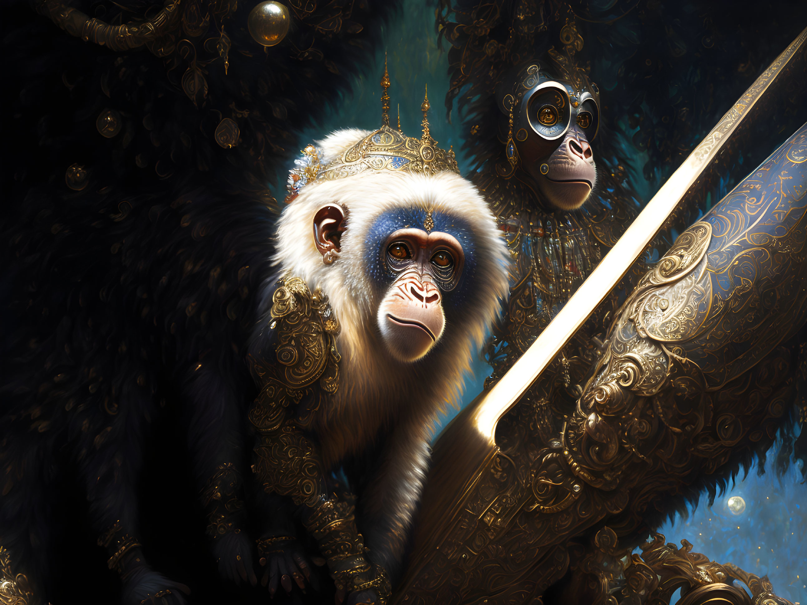 Regal monkeys with crowns and sword in ornate digital art