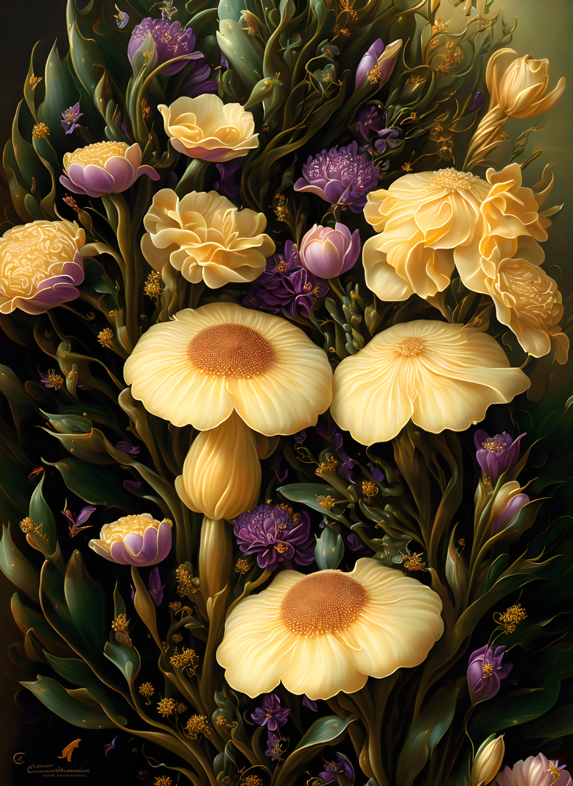 Detailed illustration of vibrant yellow and purple flowers with lush green foliage