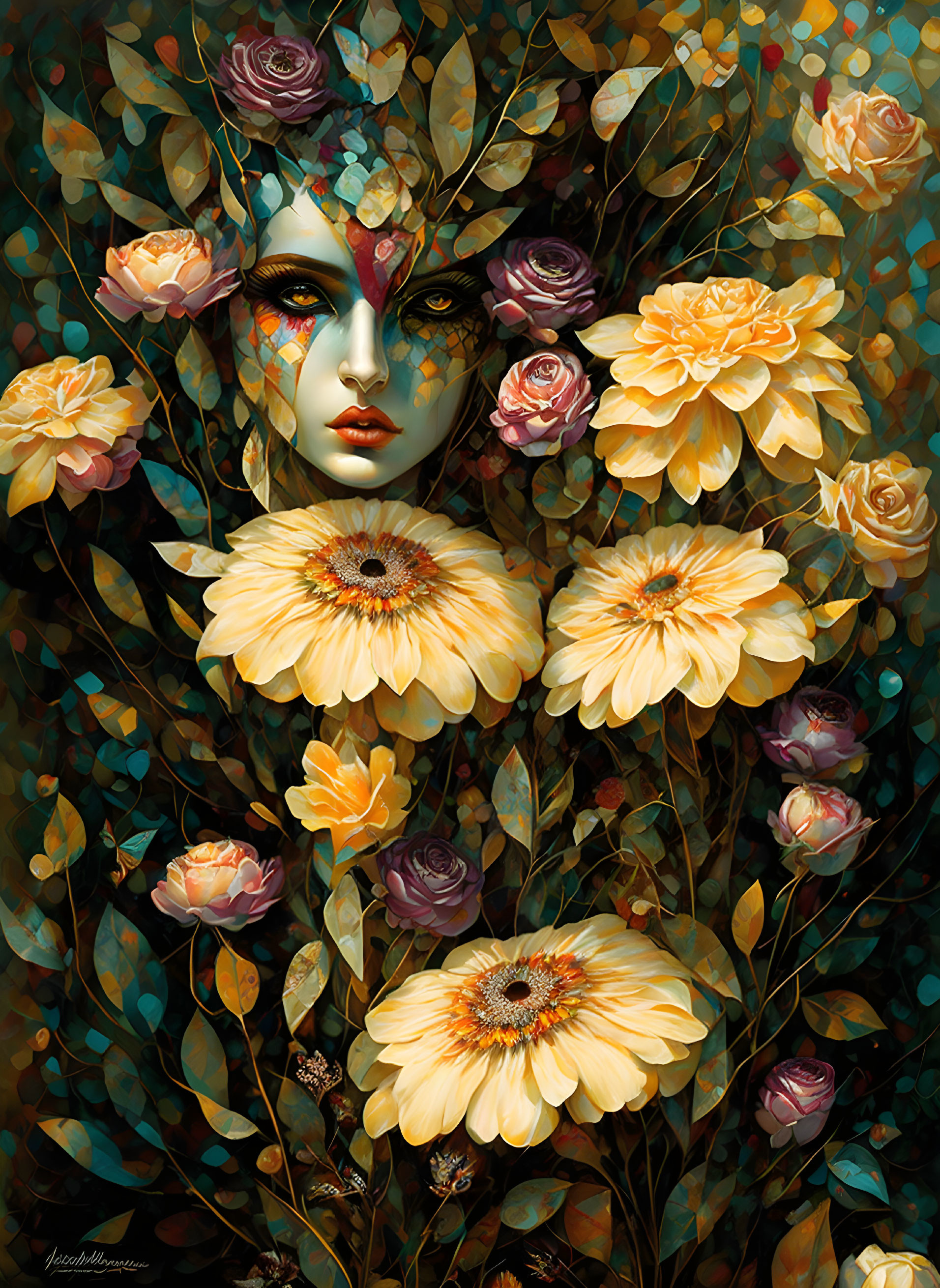 Fantasy Artwork of Female Figure with Floral Elements and Masquerade Makeup