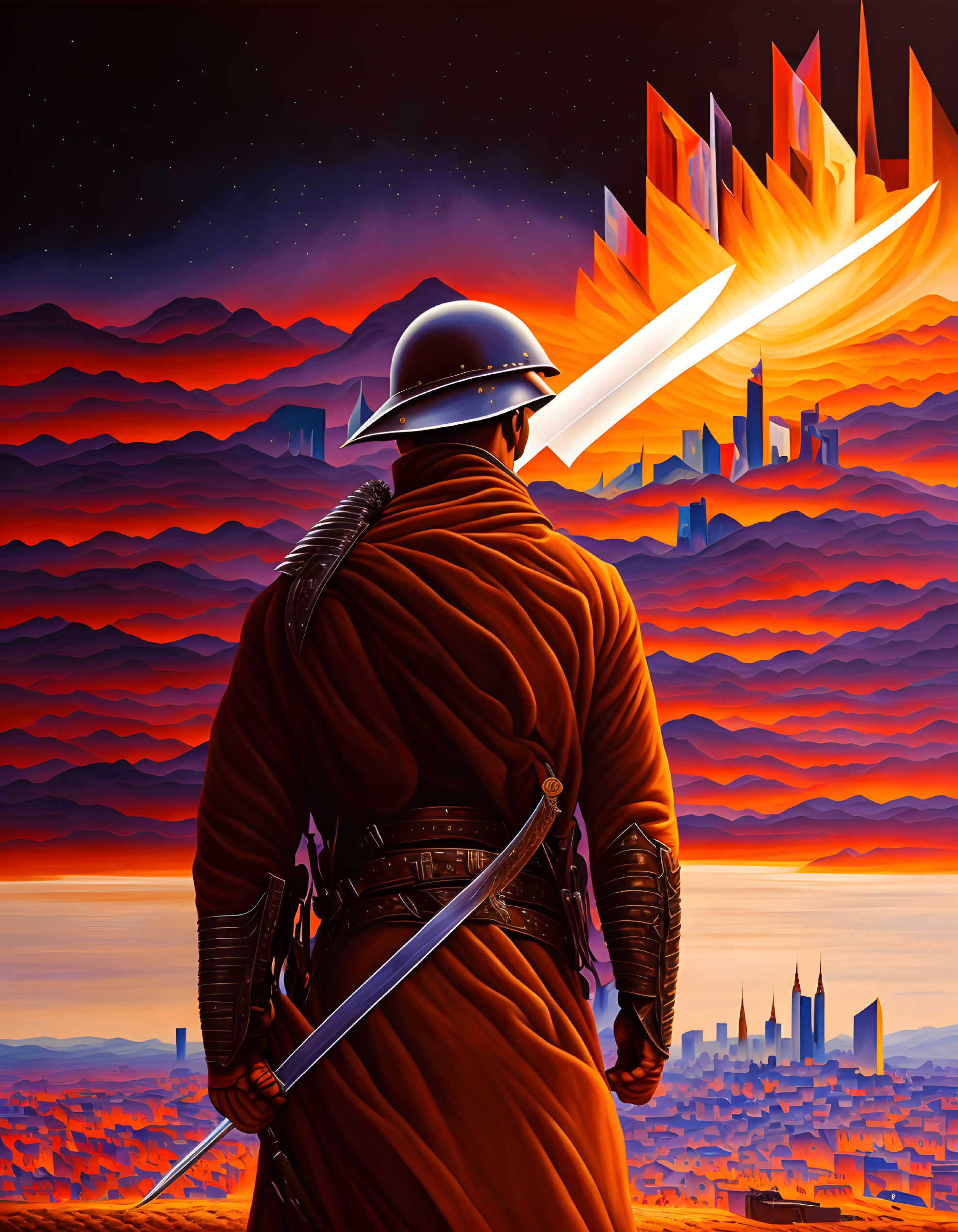 Warrior with Glowing Sword in Futuristic Cityscape