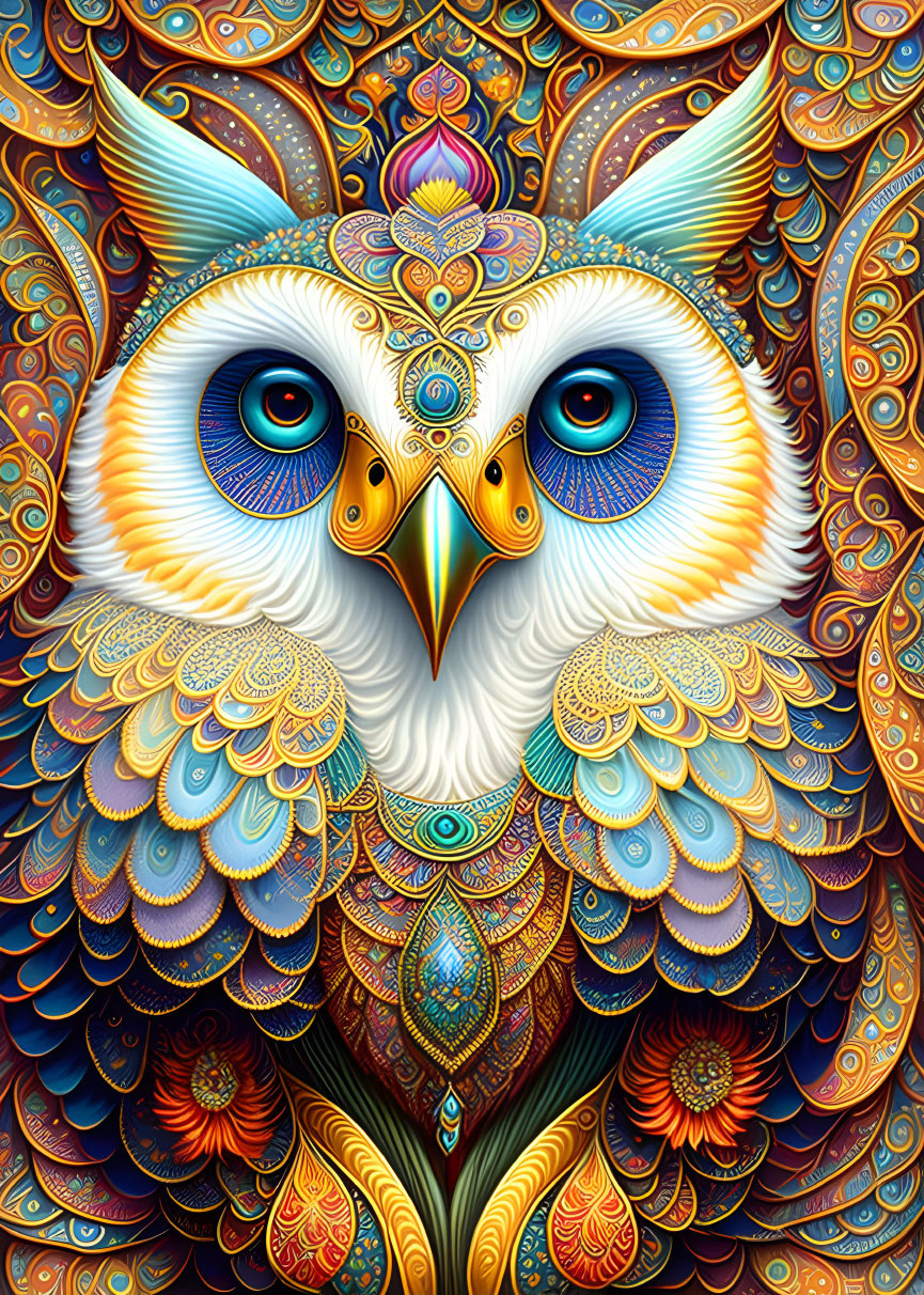 Colorful Owl Illustration with Detailed Patterns and Expressive Eyes