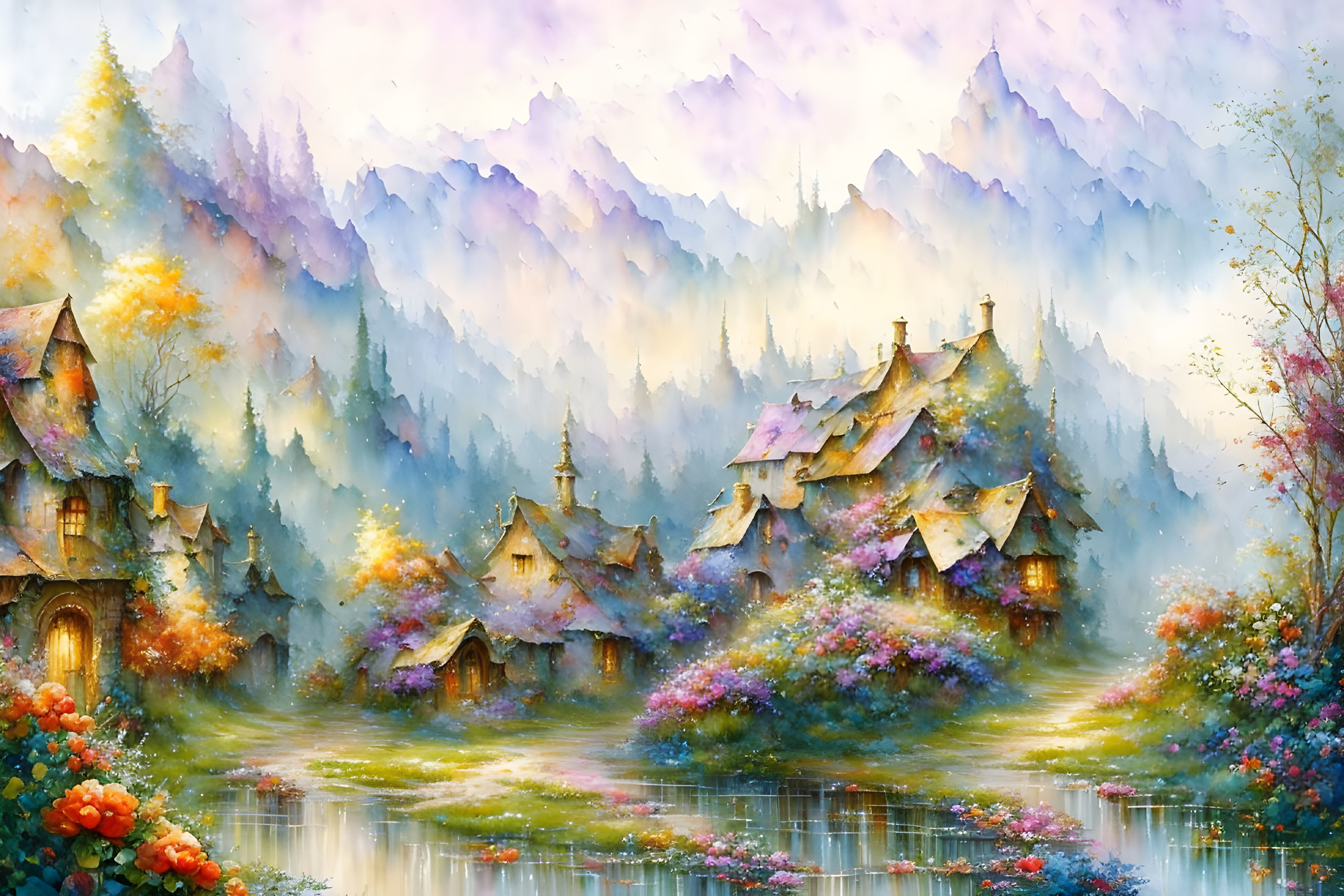 Picturesque village scene with thatched cottages, vibrant flowers, forests, and mountains