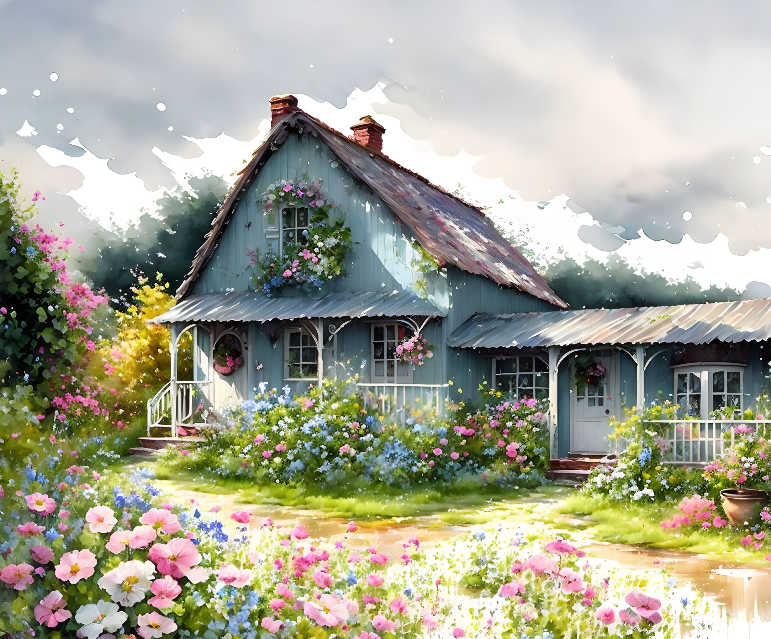 Blue house with flower-covered porch in lush garden under bright sky