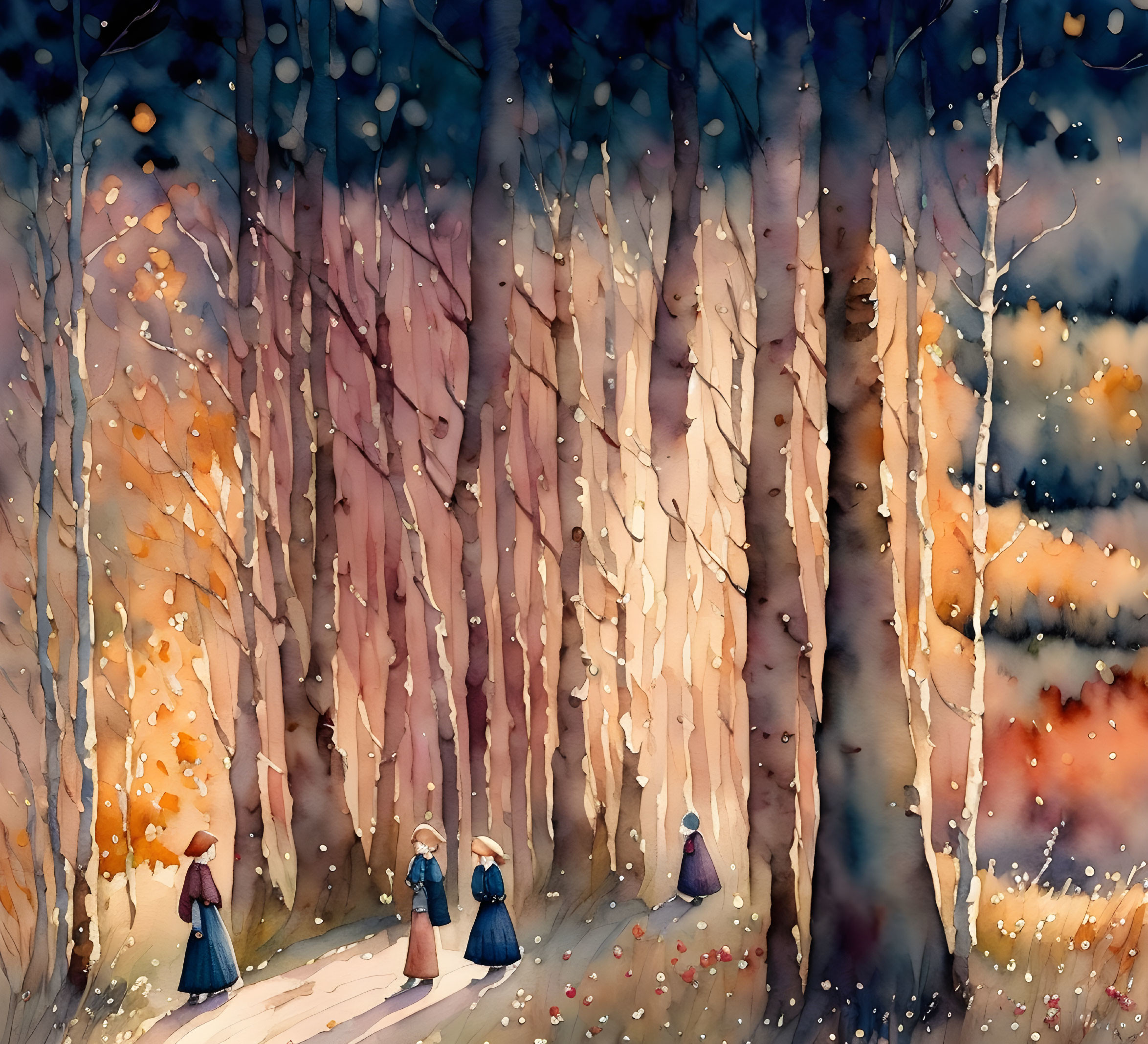 Three people in period clothing walking in colorful autumn forest