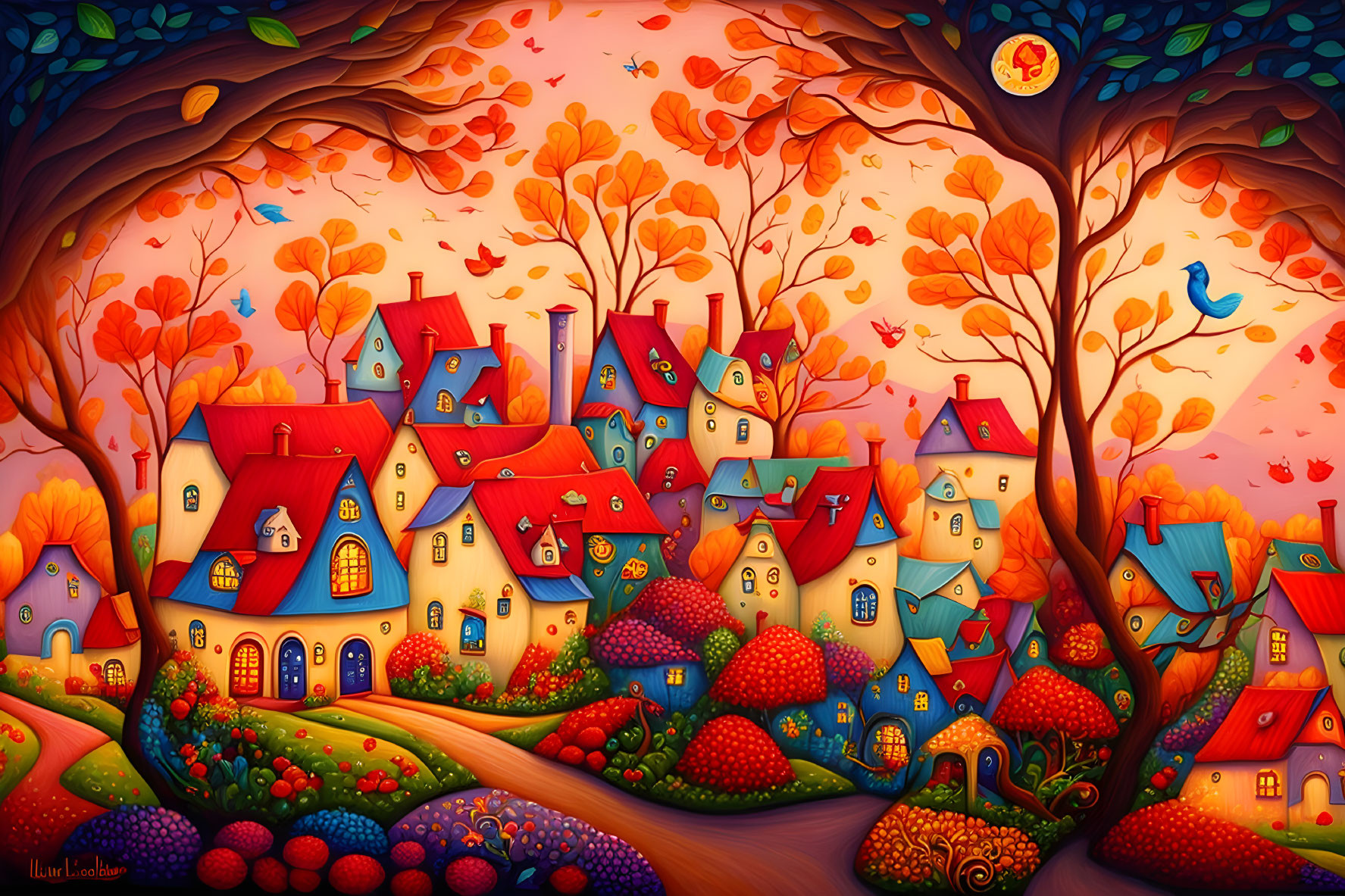 Colorful Whimsical Village Illustration with Autumn Trees and Red-Roofed Mushrooms