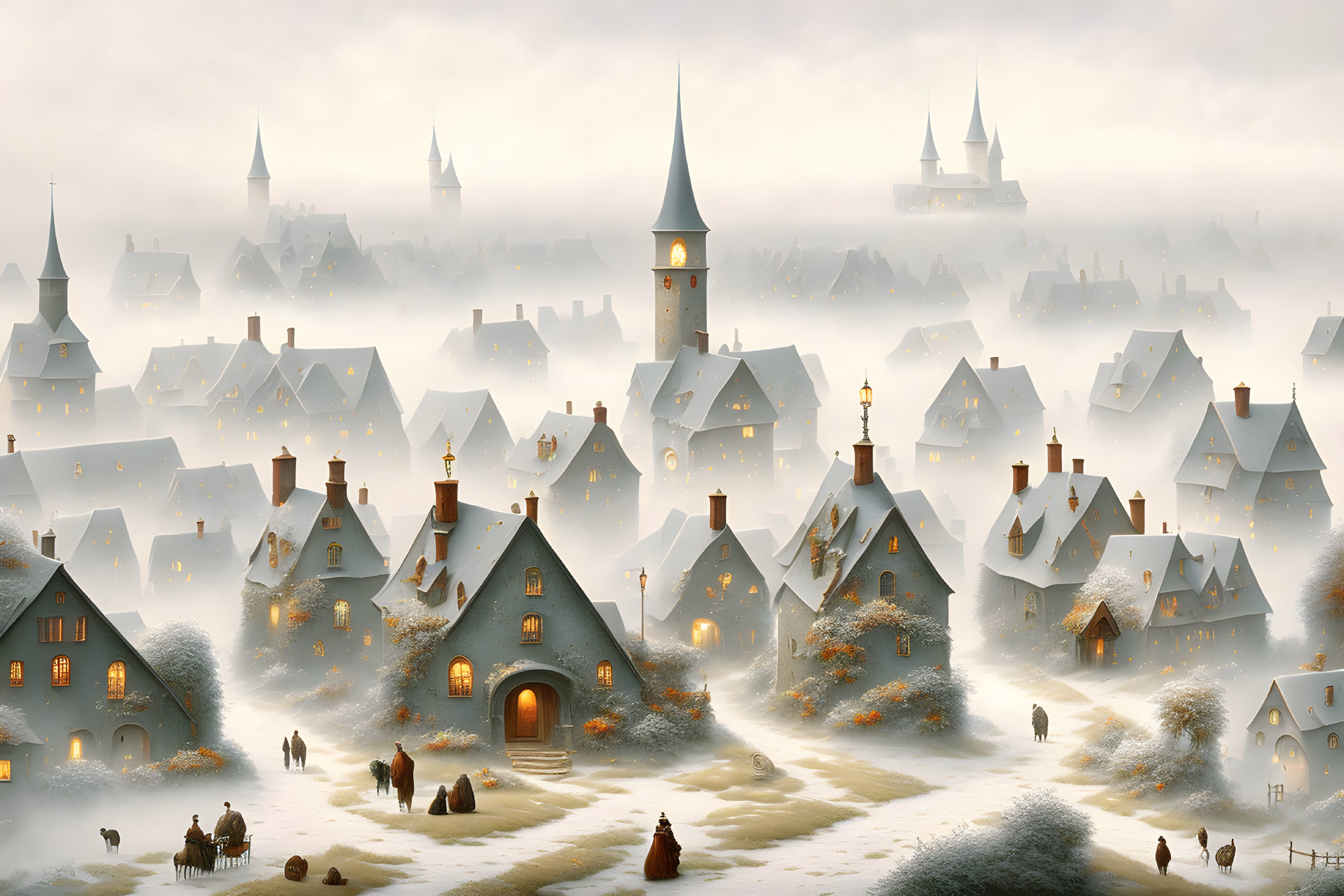 Snow-covered village with warm lights and mystical fog