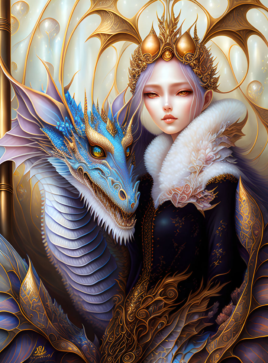 Illustrated queen with silver hair and blue dragon wearing golden crowns